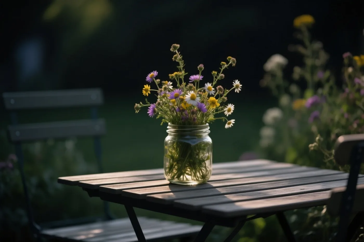 Een glazen pot met veldbloemen staat op een houten tuintafel in zacht daglicht, met een wazige tuin op de achtergrond.
