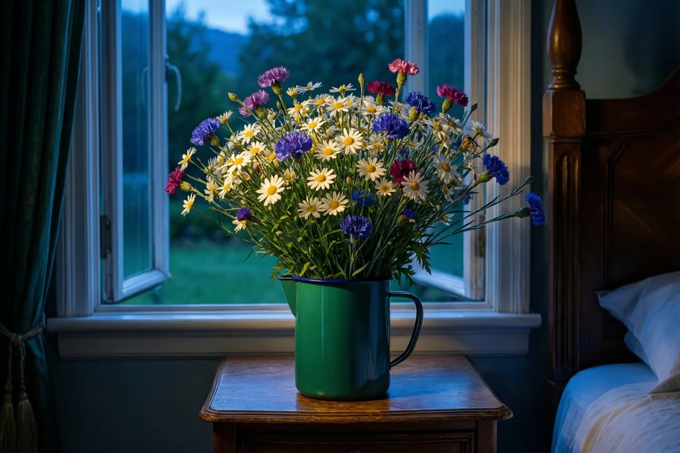 Een groot boeket margrieten en korenbloemen staat in een groene geëmailleerde kan op een houten nachtkastje naast een open raam in een schemerige slaapkamer met een houten bedframe.