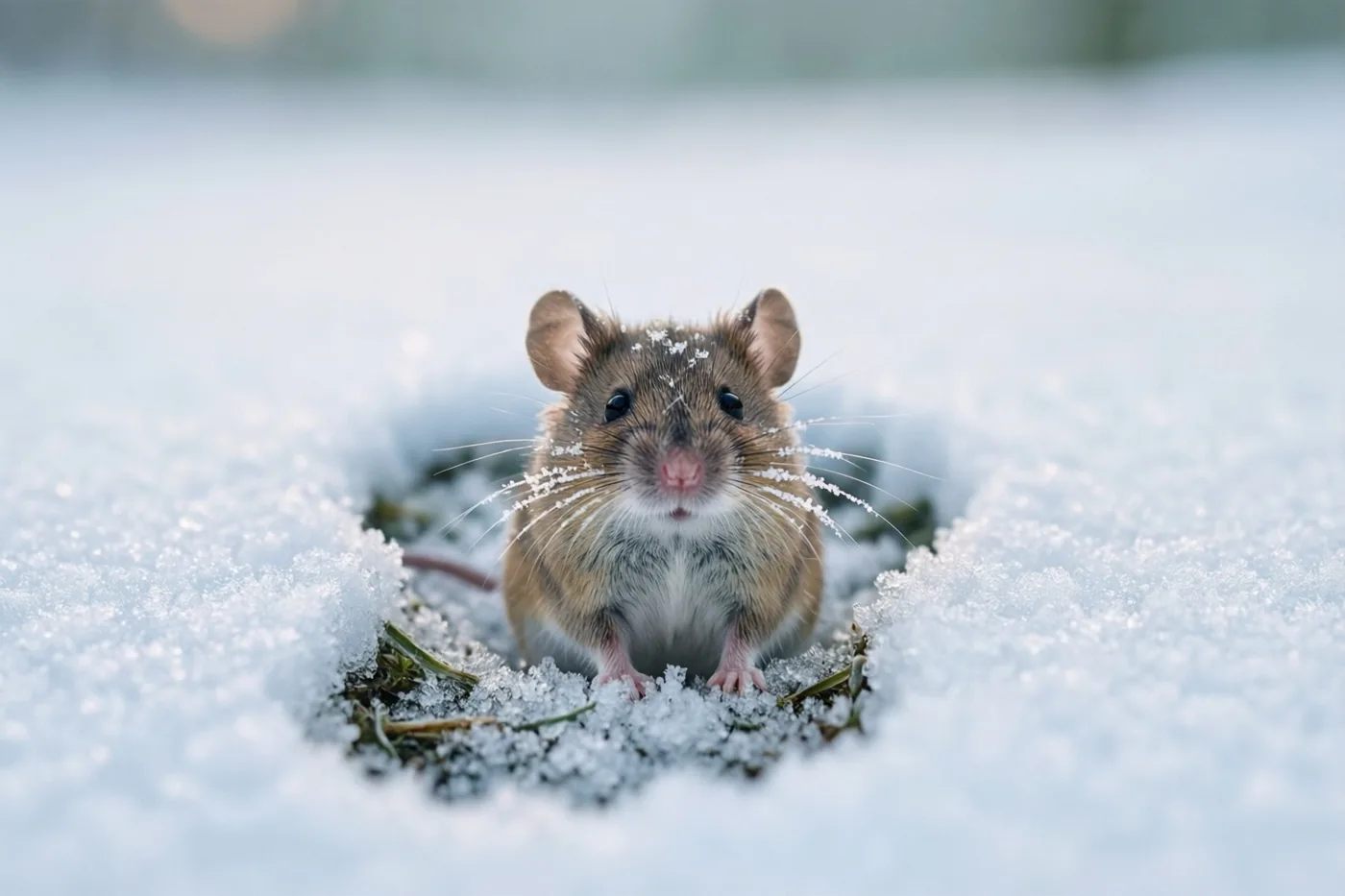 Een kleine veldmuis met berijpte snorharen zit rechtop in een met sneeuw gevulde voetafdruk, omringd door verse witte sneeuw in zacht, koel licht.