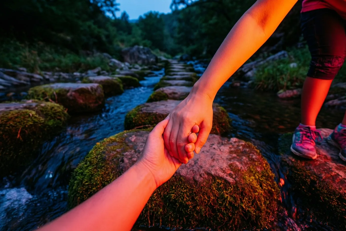Een grote en een kleine hand houden elkaar vast boven bemoste stenen in een bosbeek, met warm oranje licht tegen een koelblauwe achtergrond in de schemering.