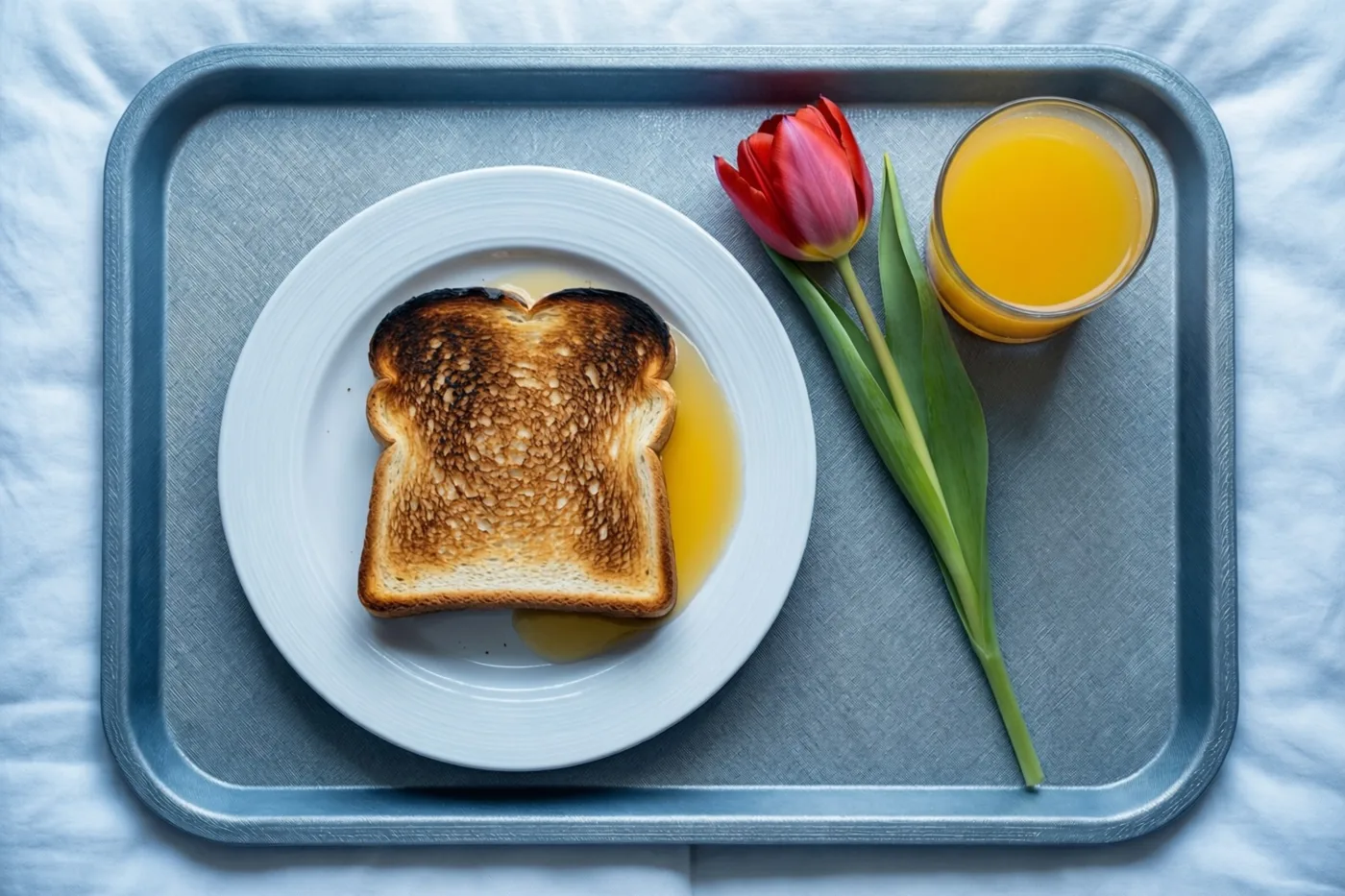 Een ontbijtblad op een bed met lichtblauwe stof draagt een bord verbrande toast, gemorst sinaasappelsap, een glas sap en een rode tulp.