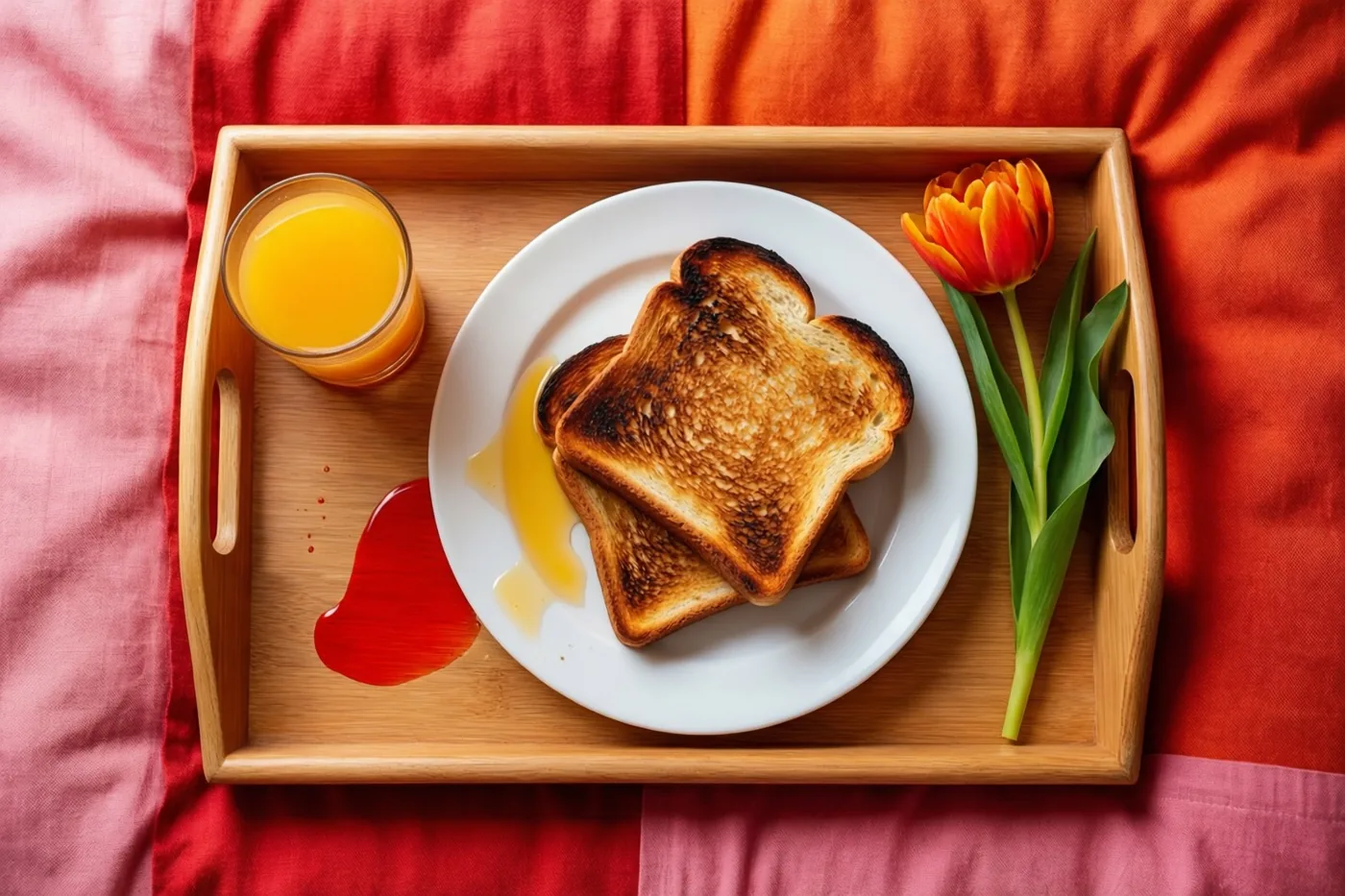 Een houten dienblad met een bord verbrande toast, een glas sinaasappelsap en een oranje tulp staat op rode en roze stof.