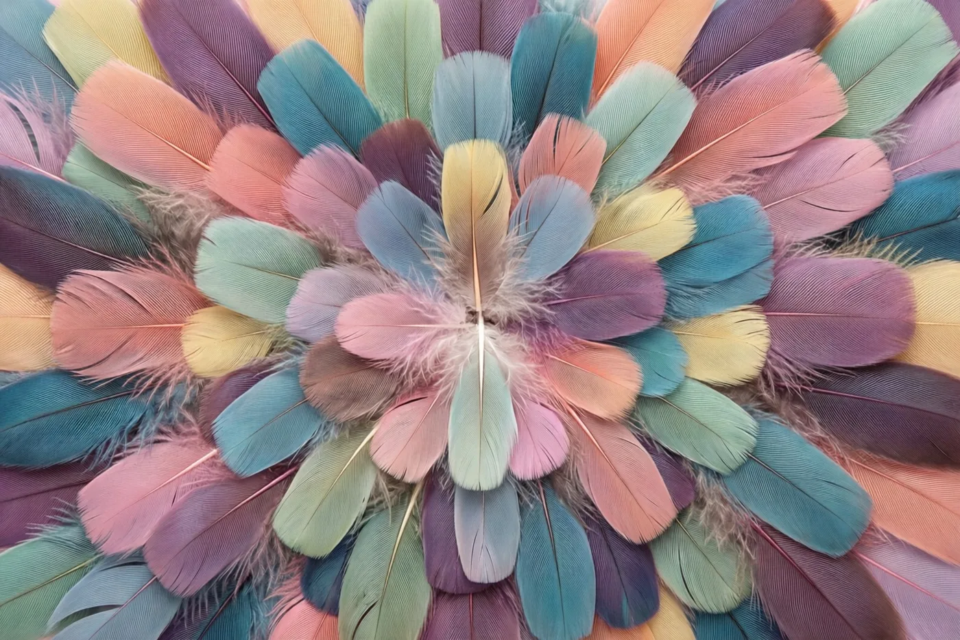 Pastelroze, blauwgroene en gele veren liggen in een dicht patroon dat op een bloem lijkt.