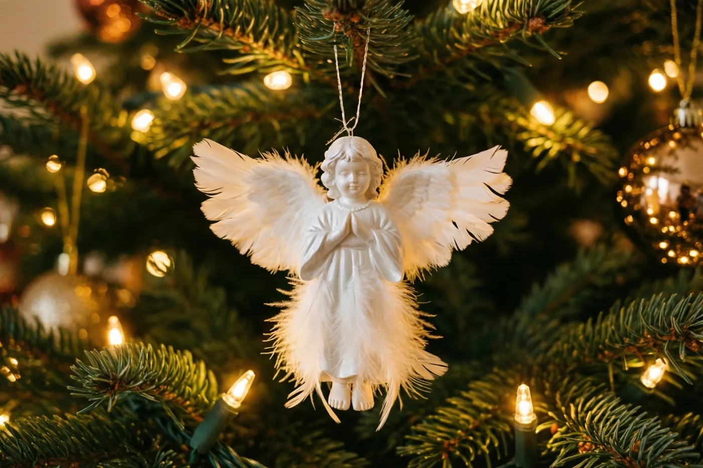 Een wit engelenornament met veren hangt aan een dennentak tussen groene naalden en warm gloeiende gouden kerstlichtjes in zacht licht.