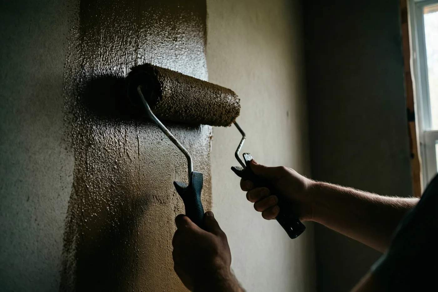 In een schaars verlichte kamer schilderen handen een muur met een verfroller, omgeven door gedempte aardetinten en donkere schaduwen.