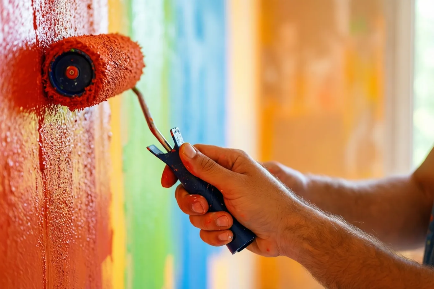 Een hand rolt rode verf op een muur, met op de onscherpe achtergrond verticale strepen in groen, blauw en geel.