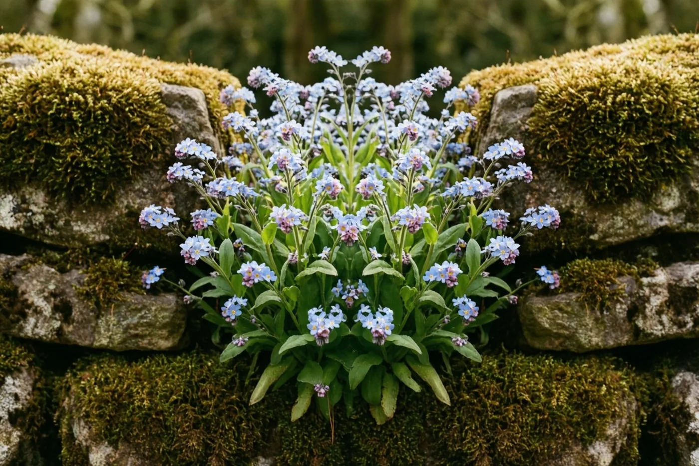 Blauwe vergeet-mij-nietjes met groene bladeren groeien in een spleet van een bemoste stenen muur, met een onscherp bos op de achtergrond.