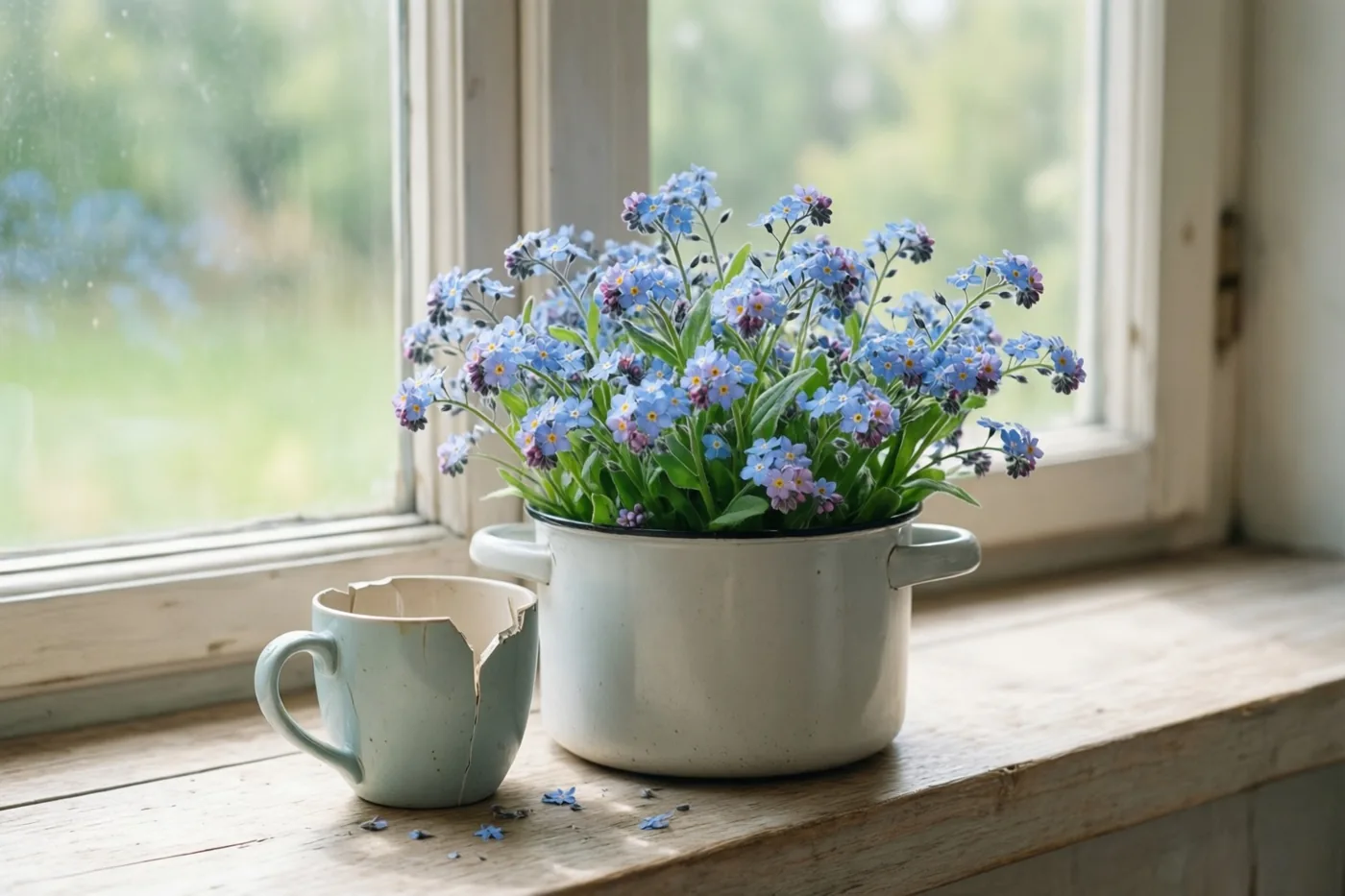 Een pot blauwe vergeet-mij-nietjes staat naast een gebroken keramisch kopje op een houten vensterbank in het zonlicht, met een wazig groen uitzicht buiten.
