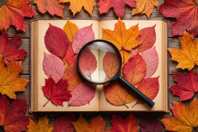Op een houten oppervlak ligt een open boek met geperste rode, oranje en gele herfstbladeren en een vergrootglas erbovenop.