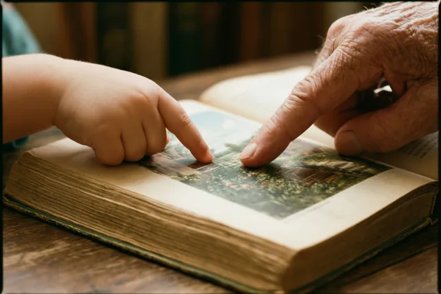 Een kleine kindervinger en een gerimpelde vinger wijzen naar een kleurrijke illustratie in een oud verhalenboek op een houten tafel.