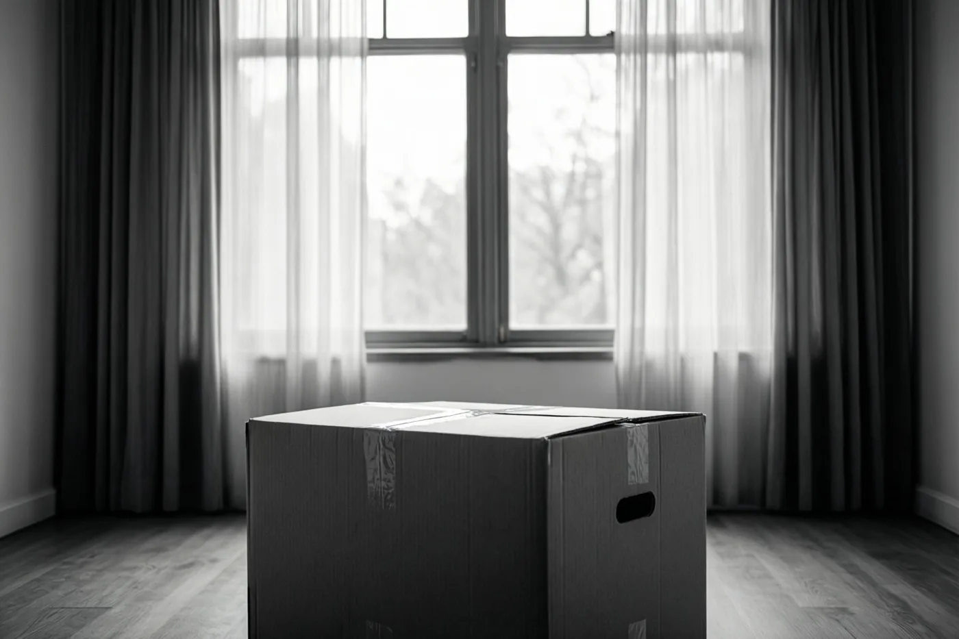 Een monochroom beeld toont een kartonnen verhuisdoos op een houten vloer in een lege kamer, voor een groot raam met doorschijnende gordijnen.