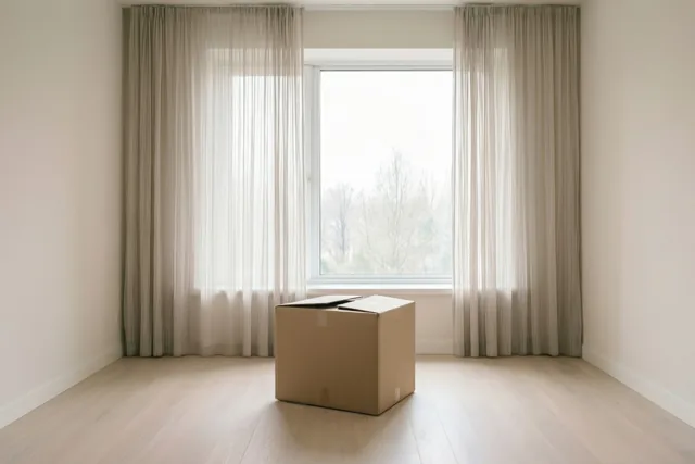 Een kartonnen verhuisdoos staat midden in een lege kamer met witte muren en een lichte houten vloer, voor een groot raam met doorschijnende gordijnen.