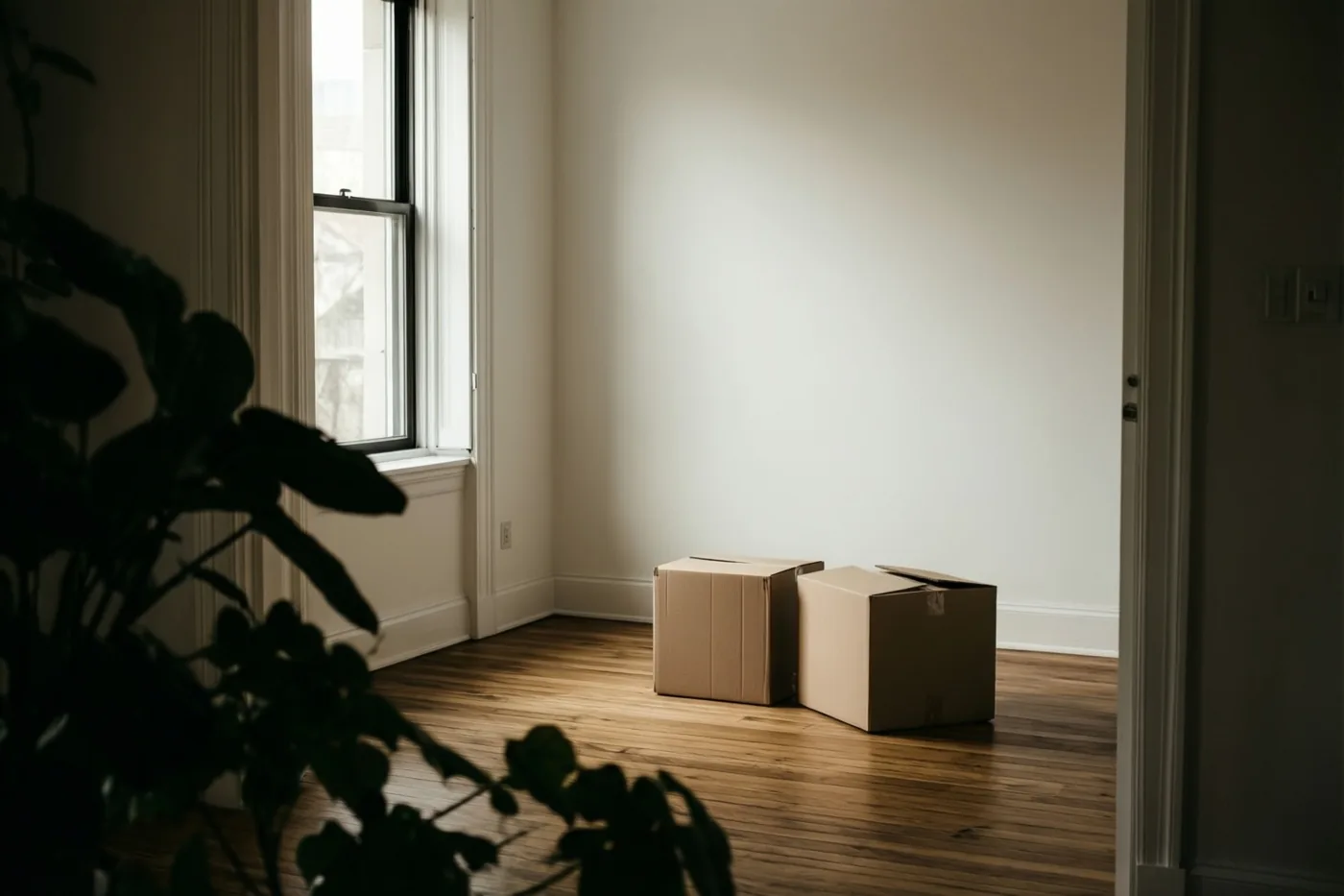 Twee kartonnen verhuisdozen staan bij een raam in een lege kamer met witte muren, een eiken vloer en zacht daglicht.