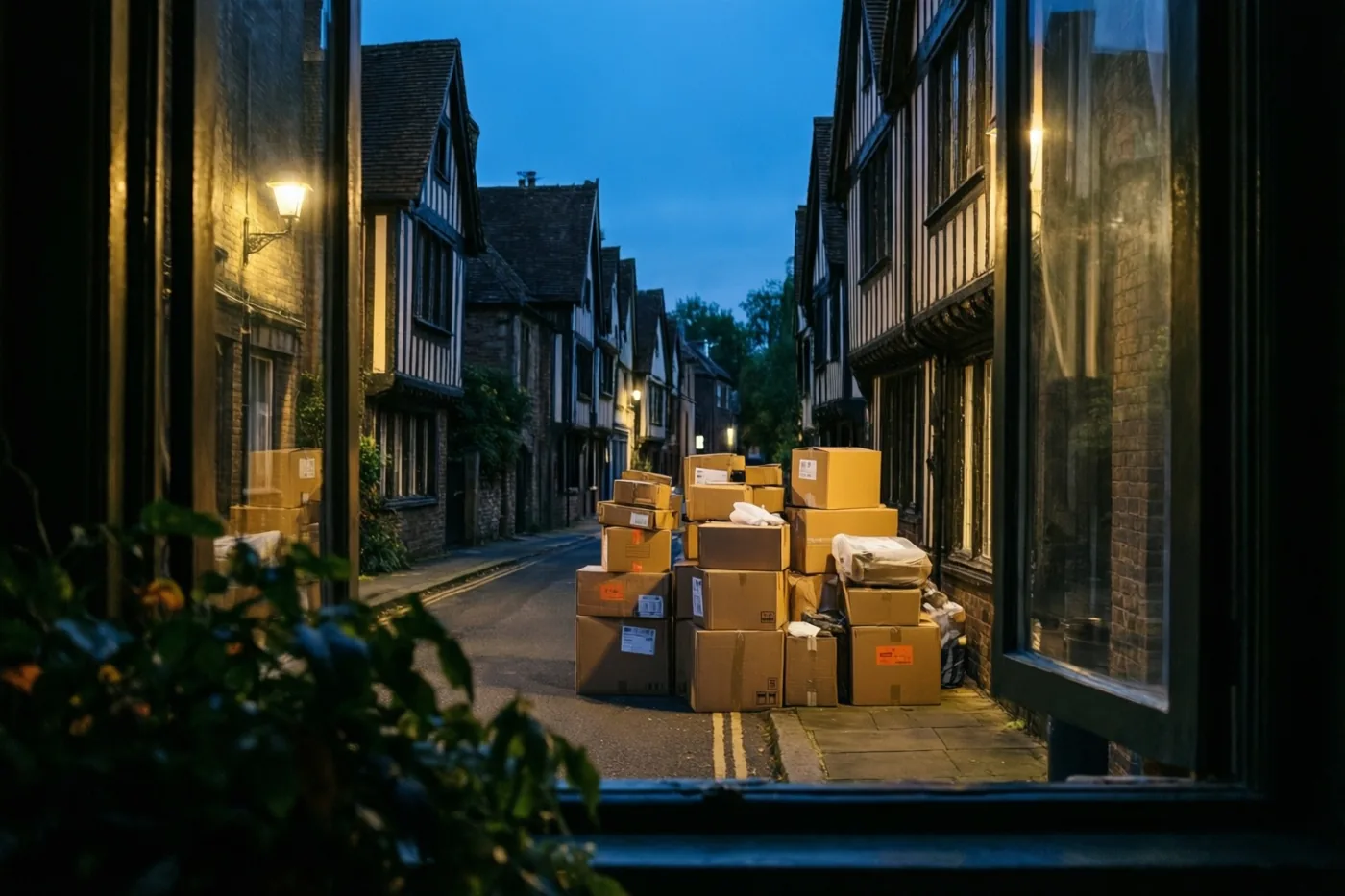 Door een raam zijn stapels kartonnen verhuisdozen te zien op het voetpad van een smalle straat met vakwerkhuizen en trapgevels onder een donkerblauwe avondhemel met warme straatverlichting.