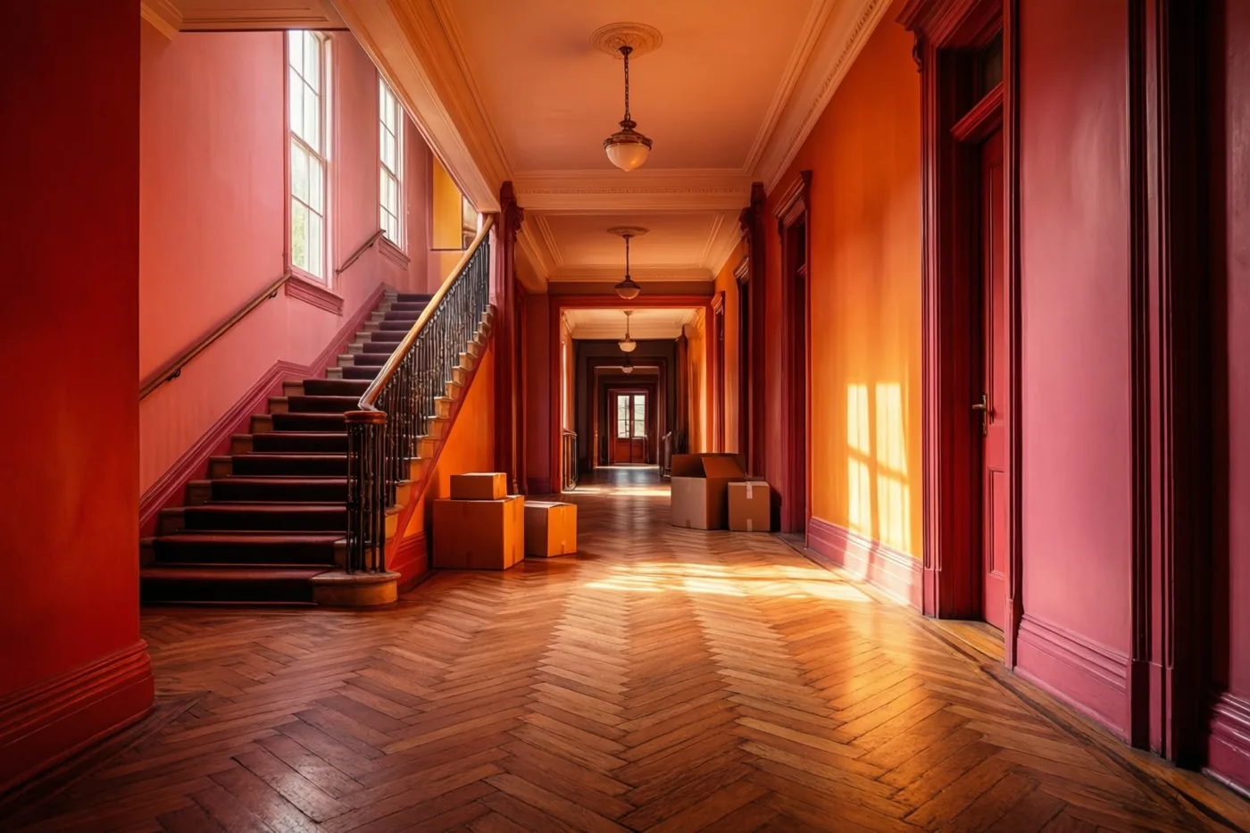 Kartonnen verhuisdozen staan onderaan een trap links in een hal met een houten visgraatvloer, rode en oranje muren, zonlicht en hanglampen.