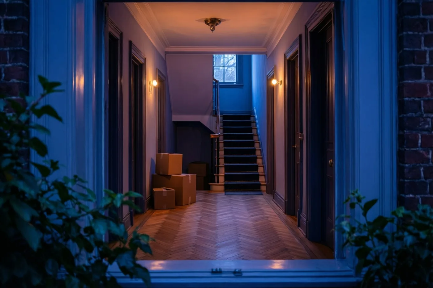 Kartonnen verhuisdozen staan gestapeld bij een trap in een hal met een houten visgraatvloer, waar wandlampen en een plafondlamp voor warme verlichting in een blauw en amberkleurig geheel zorgen.