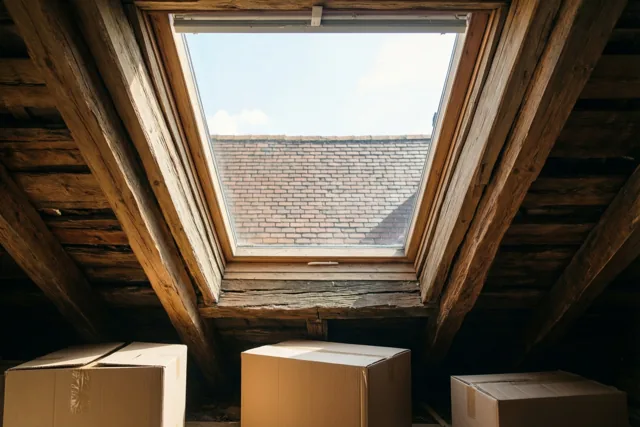Op een zolder met zichtbare houten balken staan kartonnen verhuisdozen onder een dakkapel met uitzicht op een dak onder een gedeeltelijk bewolkte hemel.