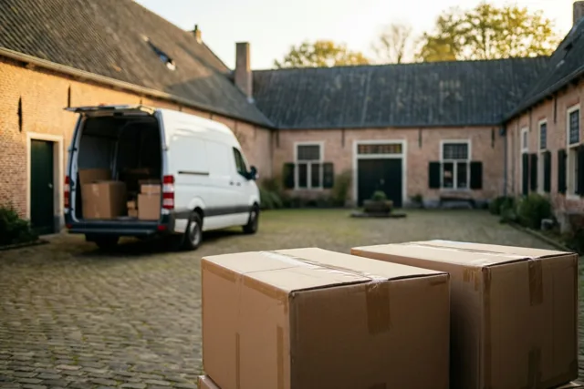 Twee kartonnen dozen staan op een gekasseid erf bij een witte verhuiswagen, met op de achtergrond een Vlaamse bakstenen hoeve met een donker pannendak in warm licht.
