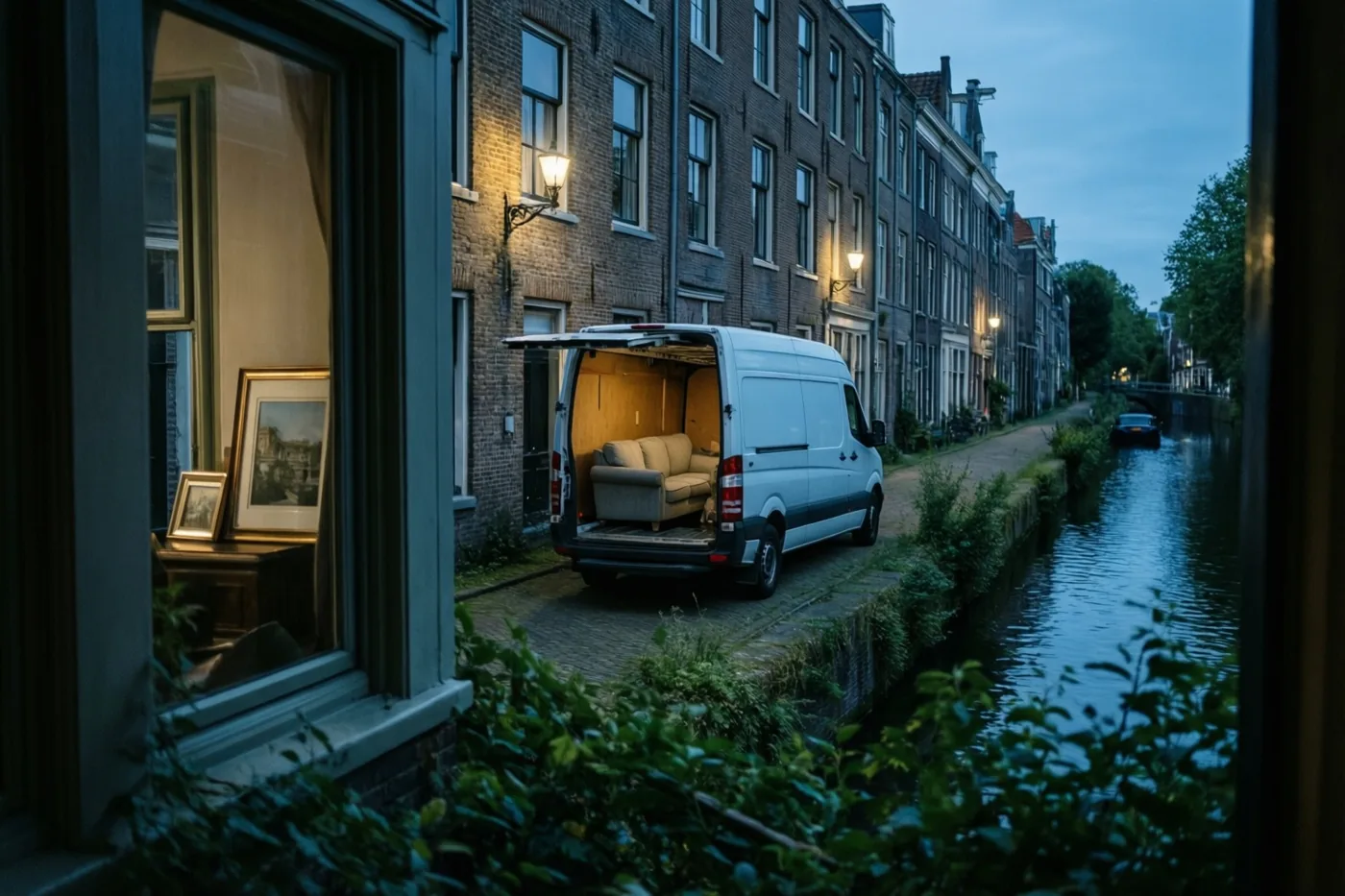 Door een raam is bij schemering een witte verhuiswagen met een beige zetel in de open laadruimte te zien naast een stadskanaal, met warme binnenverlichting en blauwe tinten in lucht en water.