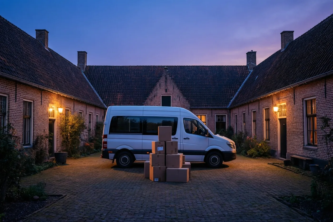 Een witte verhuiswagen staat op een gekasseid erf tussen bakstenen gebouwen met pannendaken, verlicht door warme buitenlampen onder een paarse avondlucht.