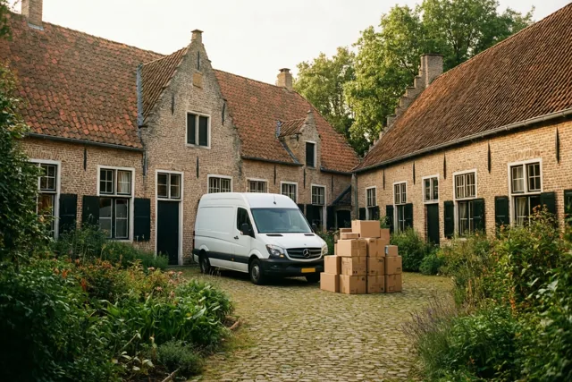 Een witte verhuiswagen met een stapel kartonnen dozen ernaast staat op een gekasseid erf tussen Vlaamse bakstenen huizen met rode pannendaken, zwarte luiken en weelderig groen.