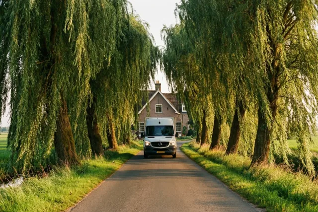 Een witte verhuiswagen rijdt over een smalle verharde weg tussen hoge, bebladerde wilgen in een polderlandschap, met een hoeve aan het einde onder een heldere hemel.