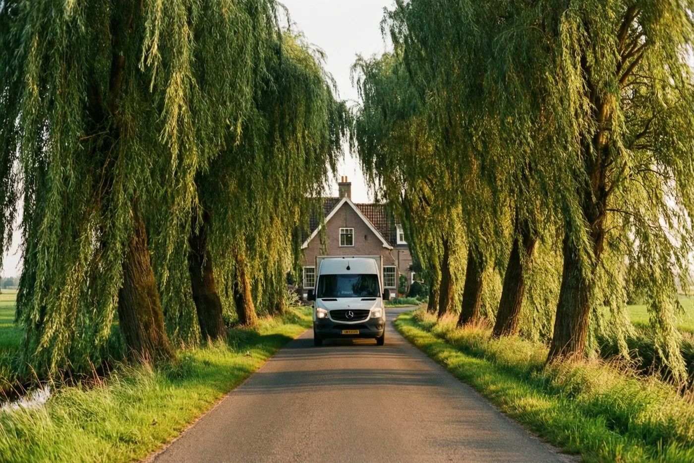 Een witte verhuiswagen rijdt over een smalle verharde weg tussen hoge, bebladerde wilgen in een polderlandschap, met een hoeve aan het einde onder een heldere hemel.