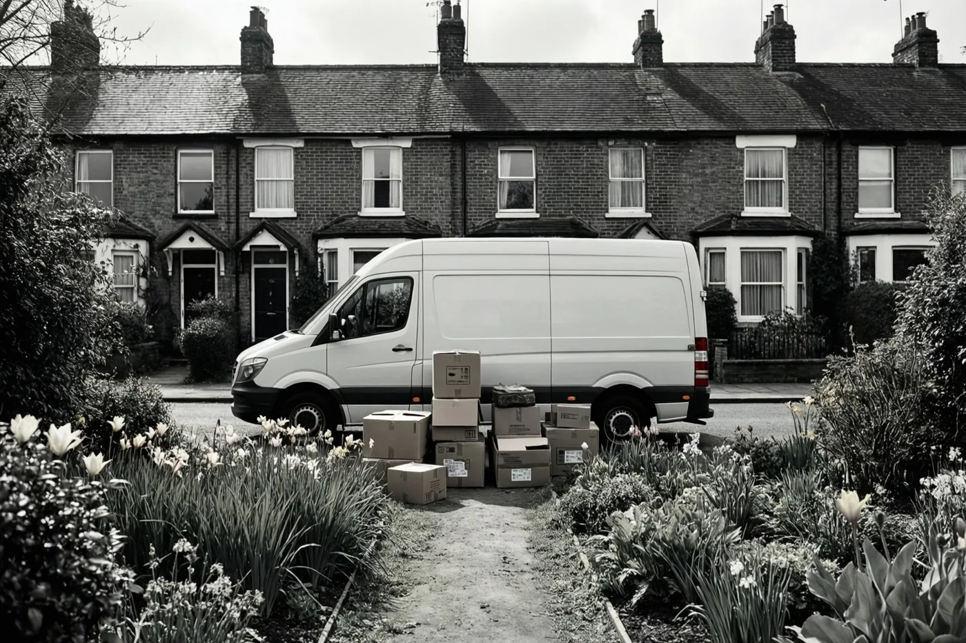 Op een zwart-witfoto staat een witte verhuiswagen voor bakstenen rijhuizen, met een tuinpad, lentebloemen en gestapelde dozen op de voorgrond.