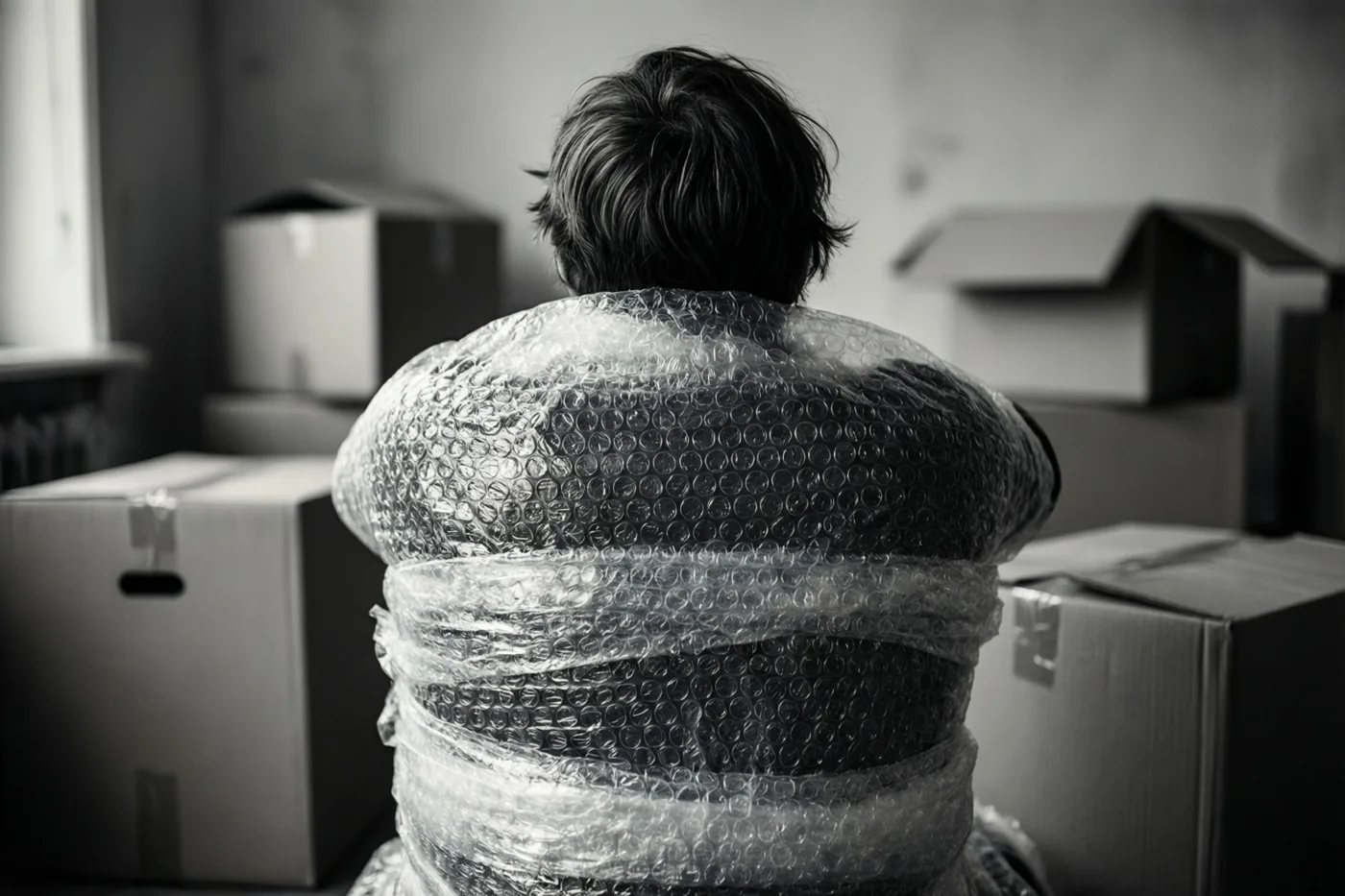 Een persoon is van achteren te zien met noppenfolie tot aan het middel en kartonnen verhuisdozen rondom, op een monochrome foto.