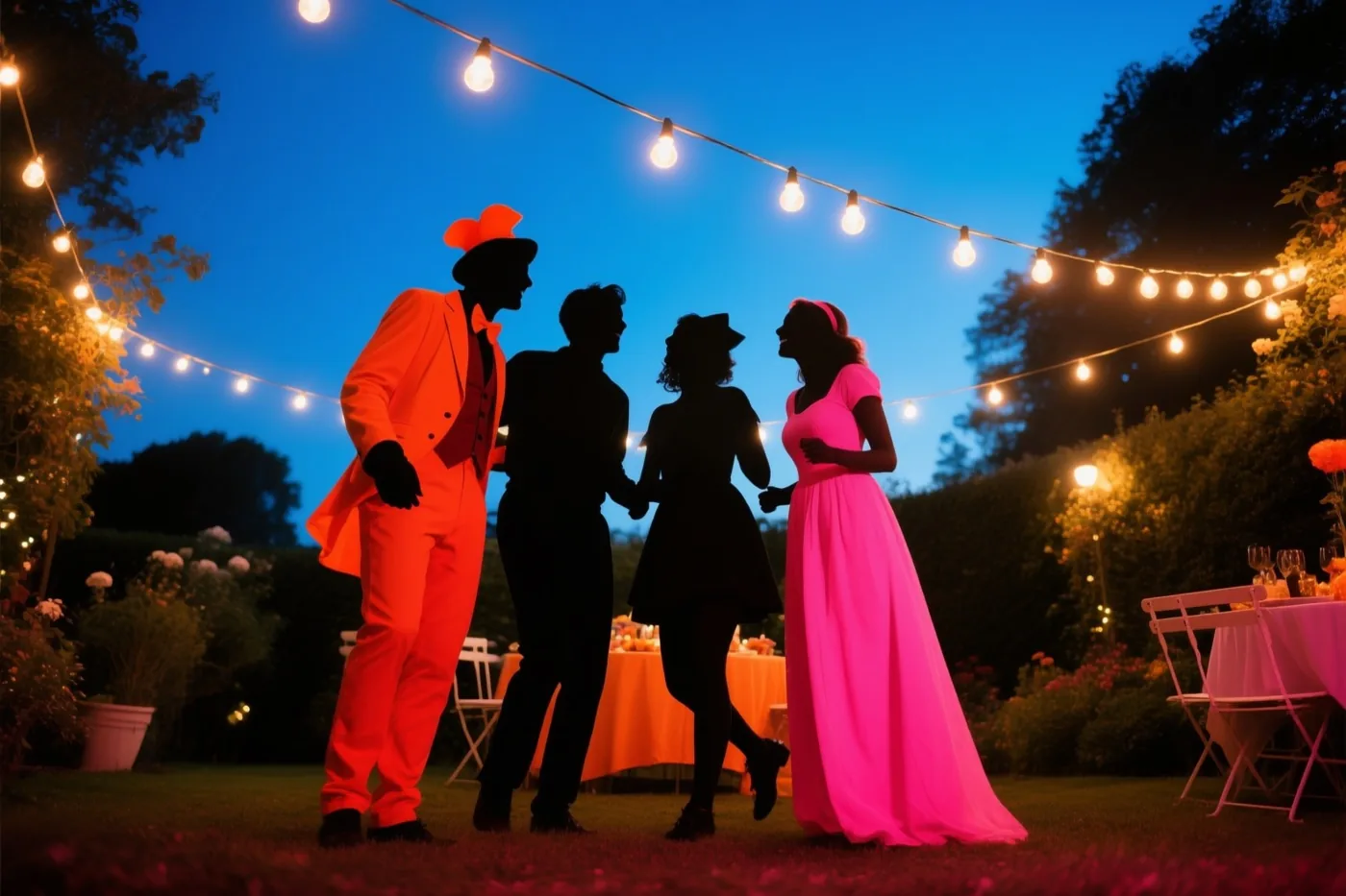 Vier verklede silhouetten staan bij schemering in een tuin onder lichtslingers, met fel oranje en roze tegen een diepblauwe lucht.