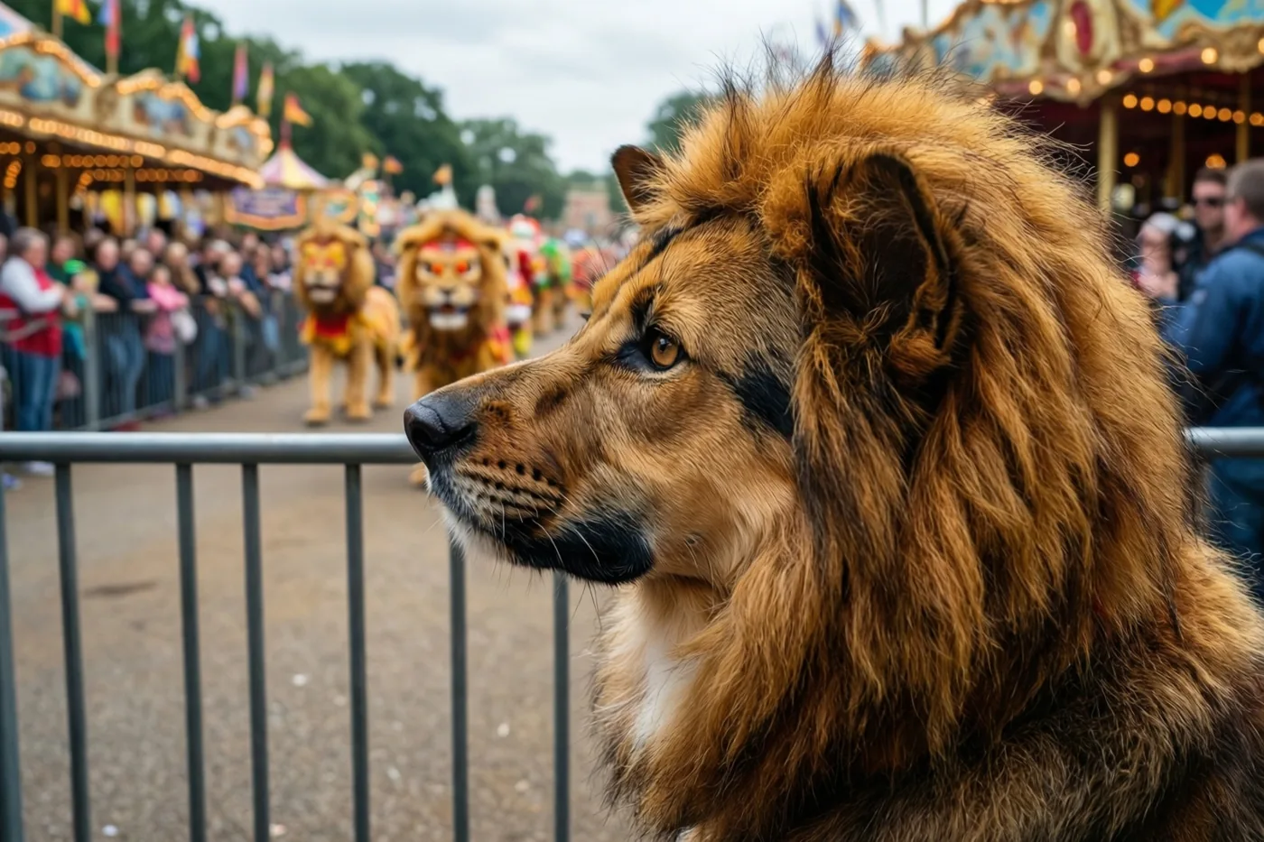Een hond in een gedetailleerd leeuwenpak staat achter een metalen hek en kijkt naar een carnavalsstoet in de verte, onder een bewolkte hemel met warme feestverlichting.