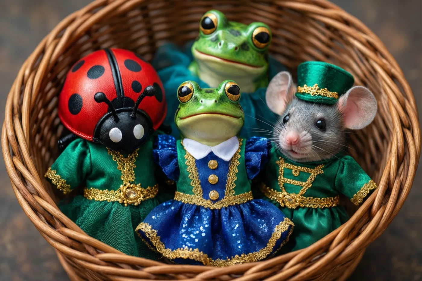 Drie kleine speelgoeddieren, een lieveheersbeestje, kikker en muis, zitten in feestelijke kostuums in een rieten mand, met groen, blauw en goud als opvallende kleuren.