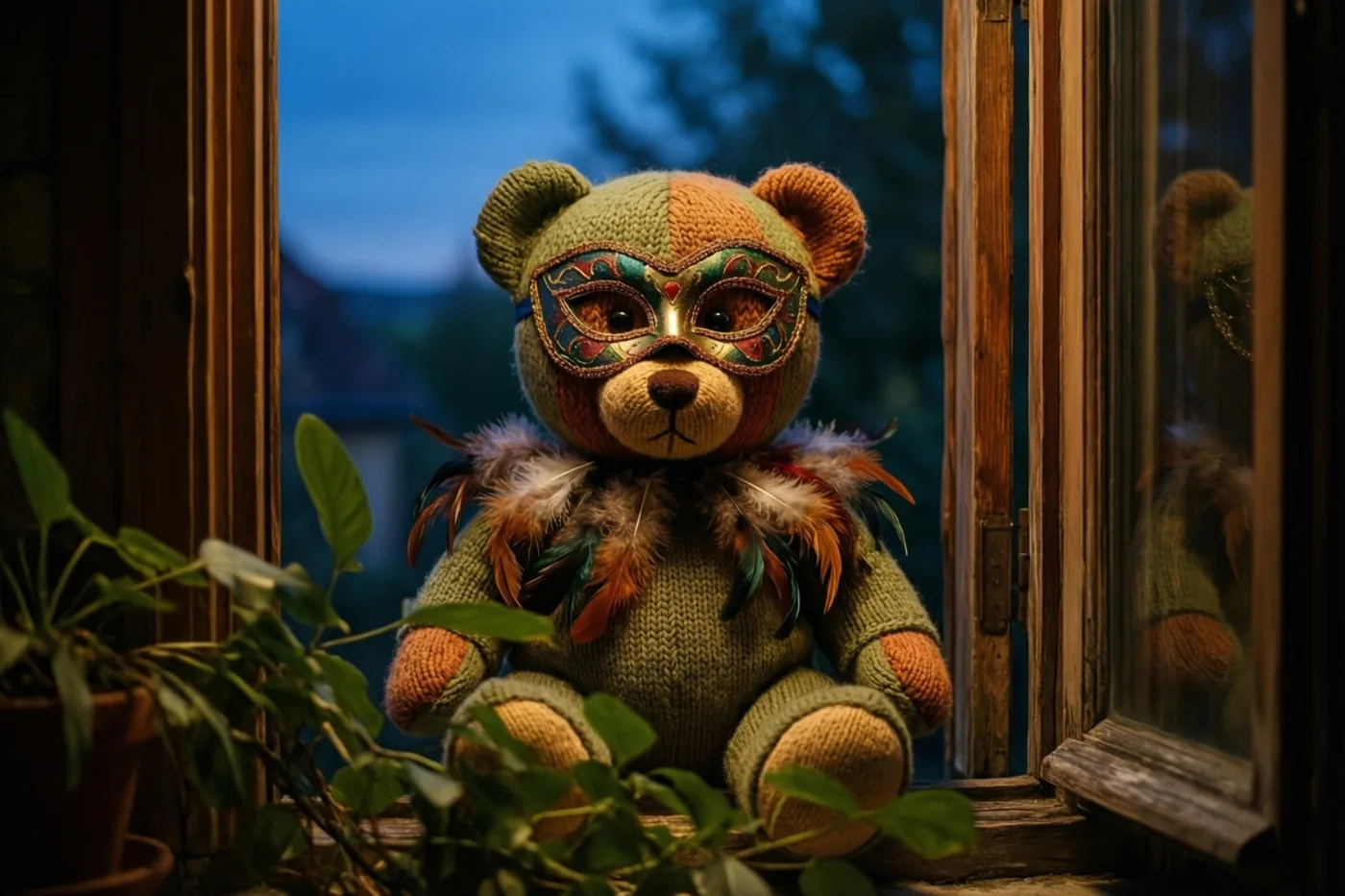 Een gebreide teddybeer met een sierlijk carnavalsmasker en een verenboa zit op een vensterbank bij schemering, met warm licht binnen en een koelblauwe achtergrond buiten.