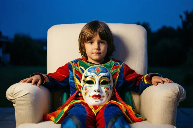 Een kind in een kleurrijk kostuum zit bij schemering buiten op een witte stoel met een beschilderd masker in de handen, tegen een diepblauwe lucht en donkere bomen.