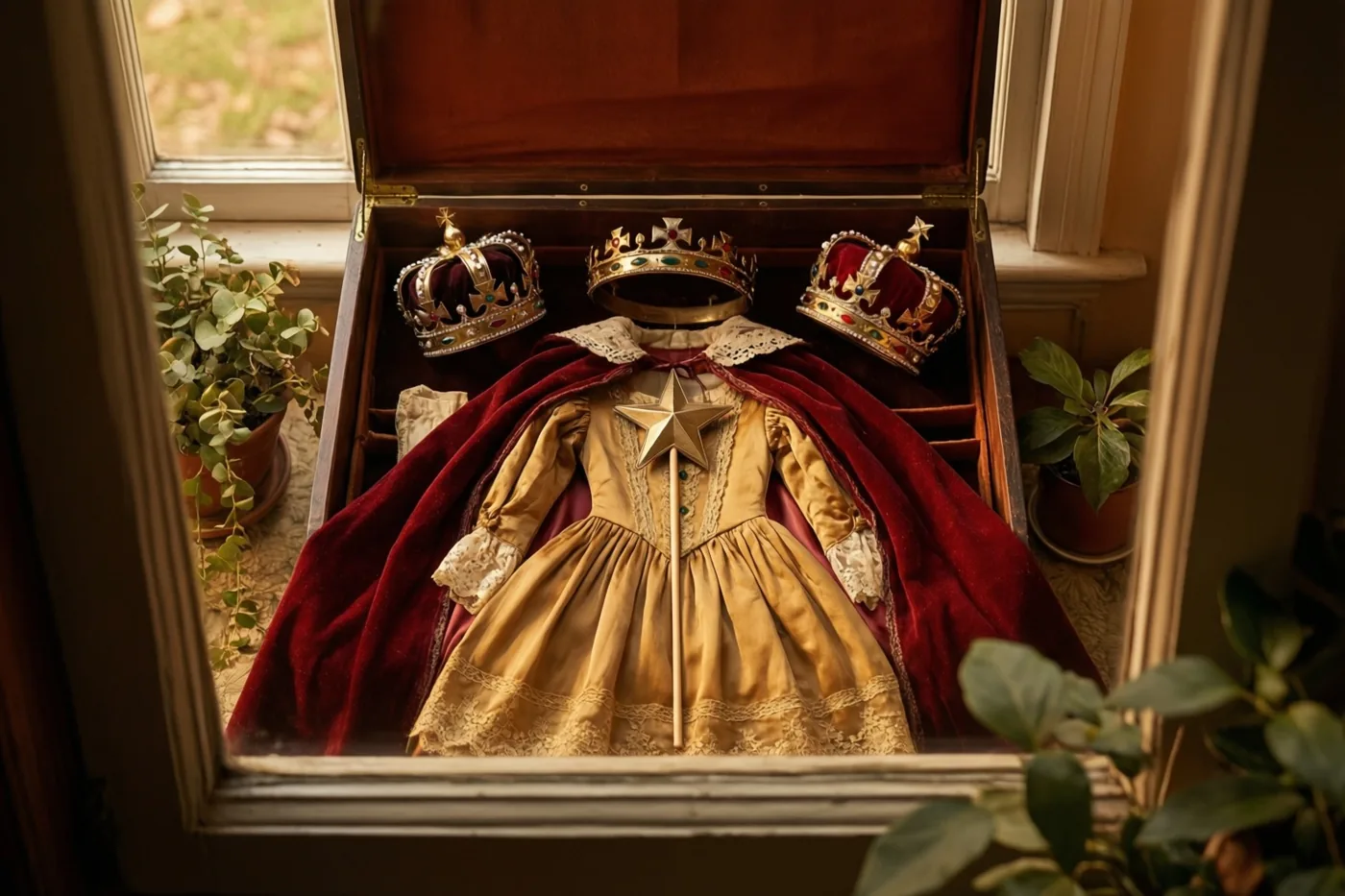 Een oude verkleedkist op een vensterbank bevat een goudkleurige jurk, een rode fluwelen cape, een ster op een stok en drie sierlijke kronen, met potplanten ernaast in warm daglicht.