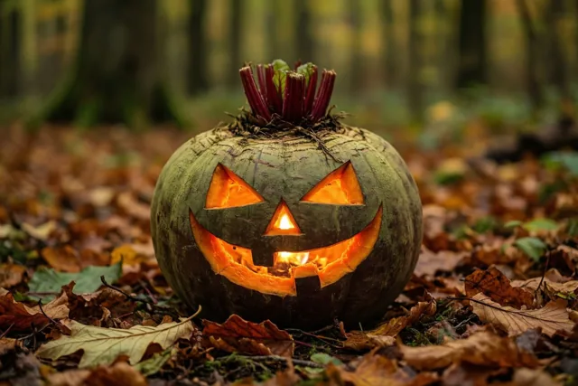 Een uitgesneden biet met een verlicht gezicht staat tussen herfstbladeren in een schemerig bos met warme oranje en groene tinten.