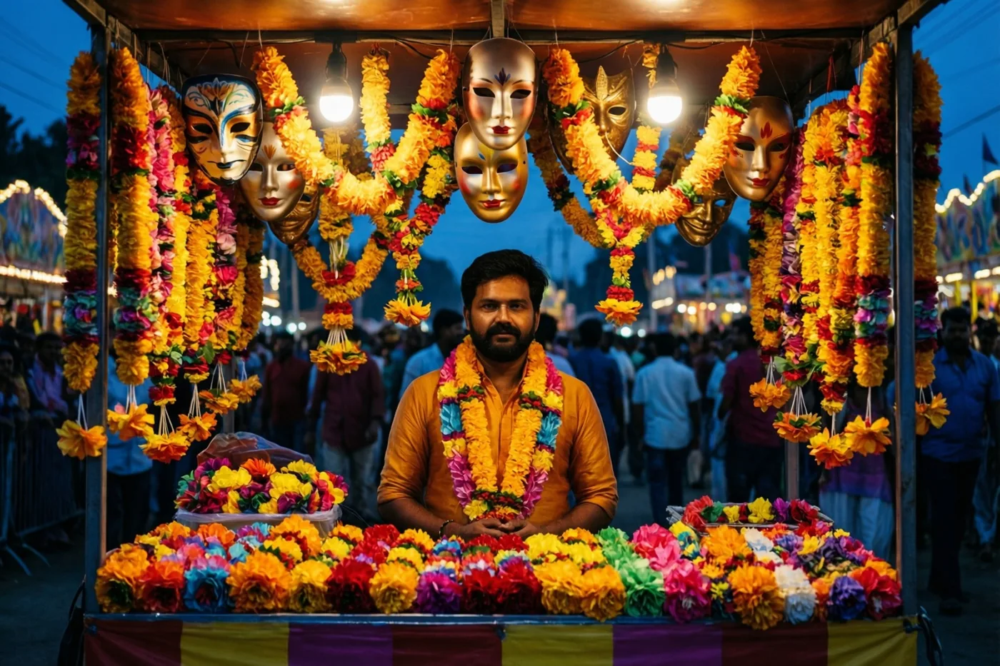 Een man zit achter een fel verlicht carnavalskraam met kleurrijke papieren bloemenslingers en hangende maskers, met een druk feest op de achtergrond bij schemering.