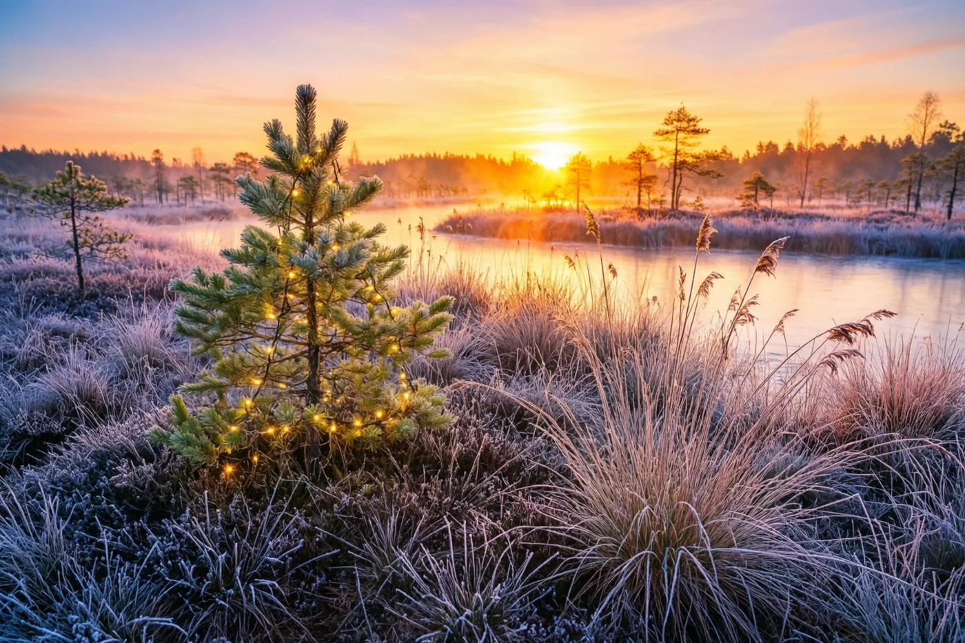 Een klein dennenboompje met lichtjes staat op een berijpte oever van een bevroren moeras bij zonsopgang, met goudoranje licht boven blauw en paars wintergras en verre bomen.