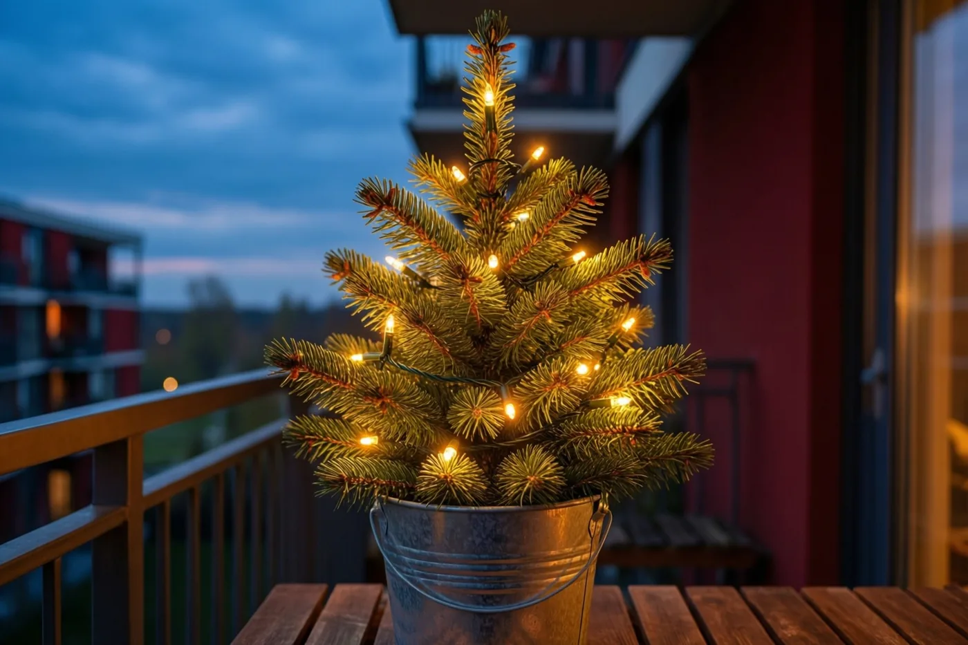 Een kleine groenblijvende boom met warme lichtsnoeren staat in een verzinkte emmer op een houten balkon, voor een modern appartementsgebouw onder een diepblauwe schemerlucht.