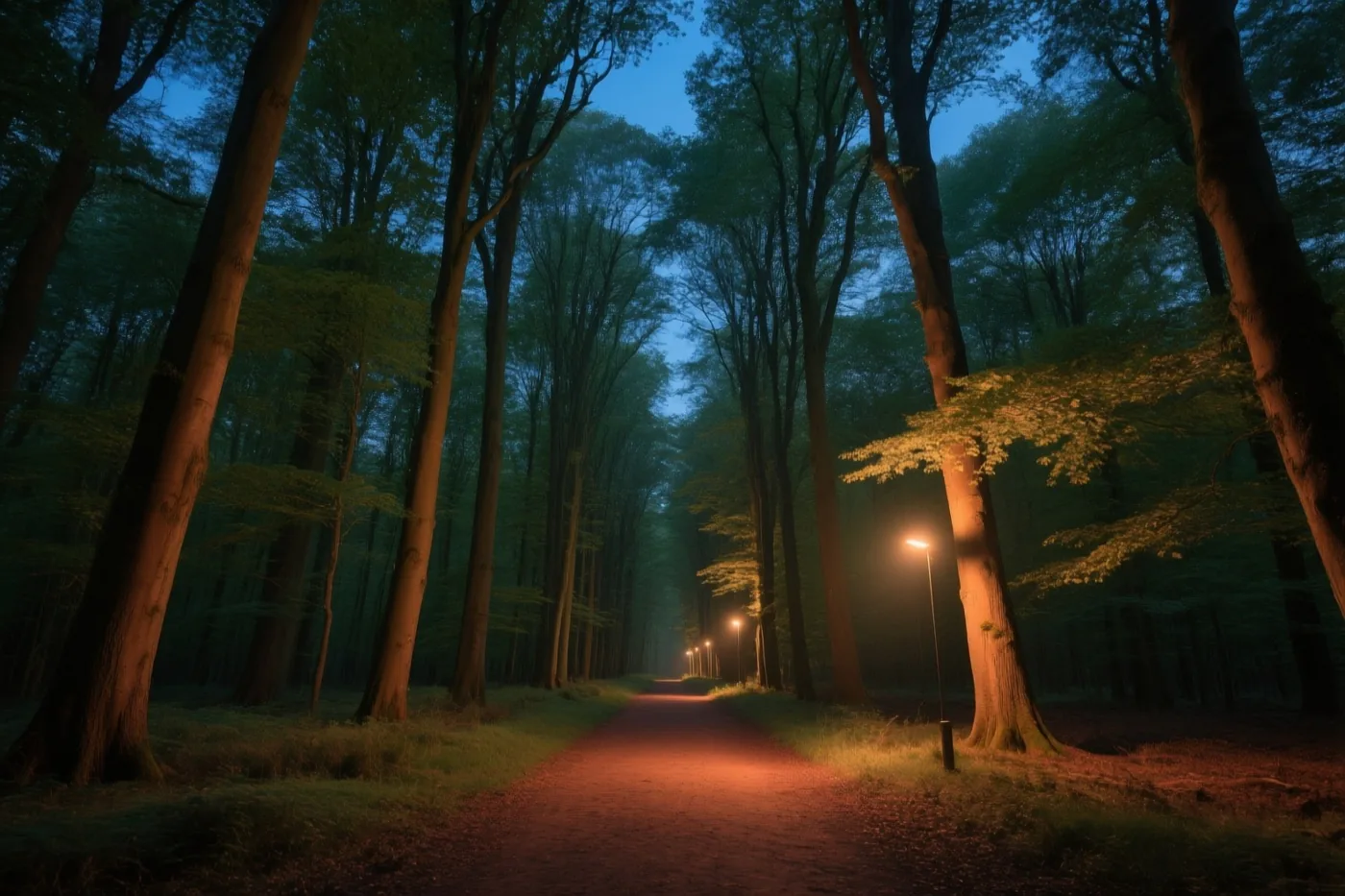 Warme straatlampen verlichten een bospad tussen hoge beuken onder een donkerblauwe avondhemel.