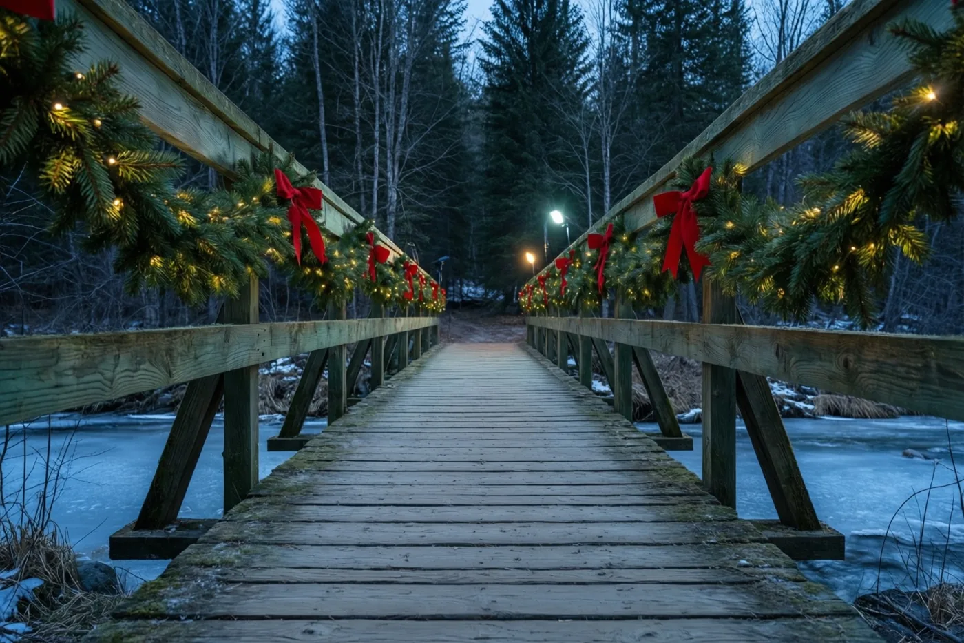 Een houten voetbrug met sparrenslingers en rode strikken loopt over een bevroren beek in een besneeuwd bos, met warm licht tegen een blauwe schemerachtergrond.