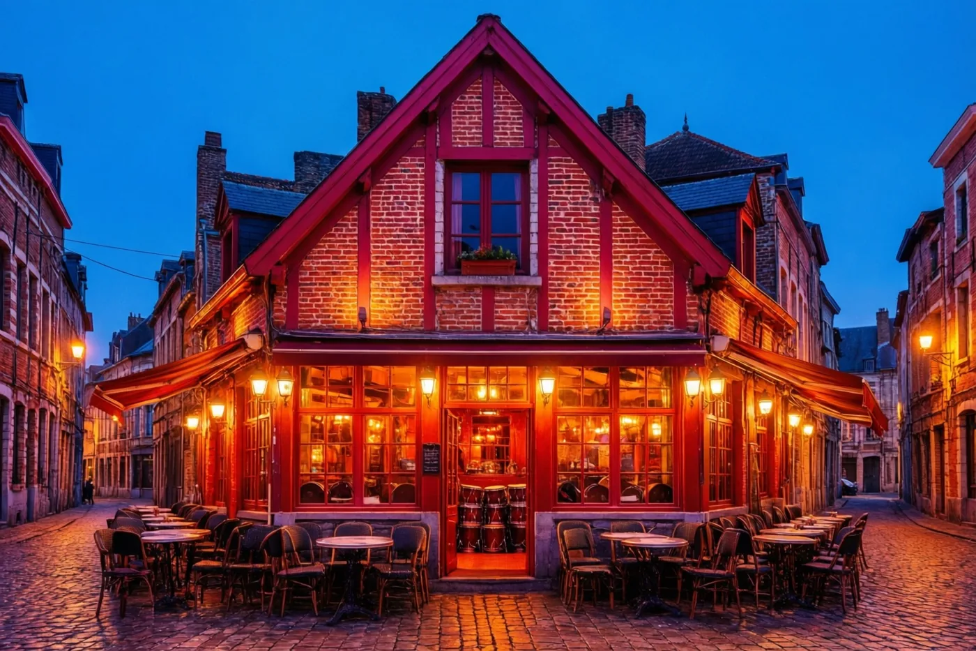 Bij het vallen van de avond straalt warm goudgeel licht uit de ramen van een café met een trapgevel, rode bakstenen en rode omlijstingen, met verlichte tafels buiten onder een diepblauwe hemel.