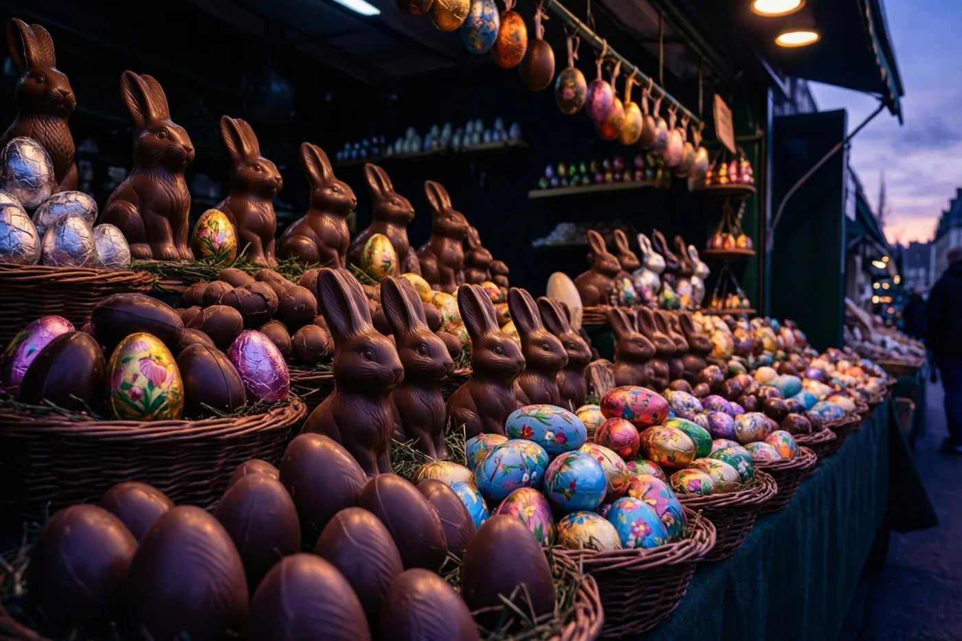Een warm verlicht marktkraam toont bij schemering rijen chocoladehazen, grote chocolade-eieren en kleurrijke beschilderde eieren in gevlochten manden.