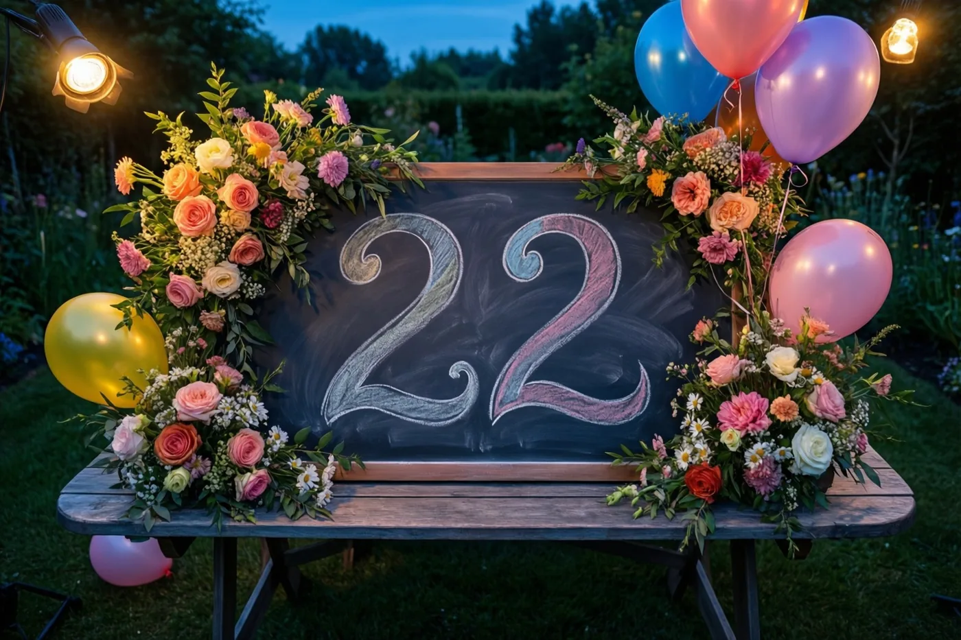 Een krijtbord met 22 in gekleurd krijt staat met bloemstukken en ballonnen op een houten tuintafel in de schemering, verlicht door warme lampjes.
