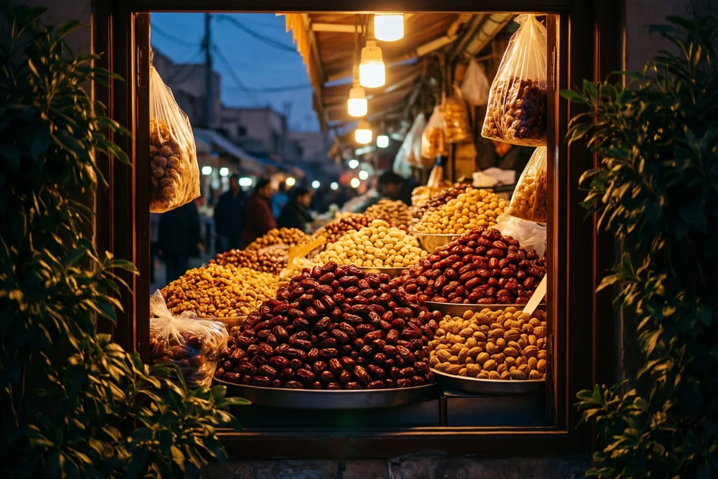 Door een raam is een warm verlicht marktkraam te zien met stapels dadels, noten en zoetigheden onder hanglampen en een blauwe schemerlucht op de achtergrond.