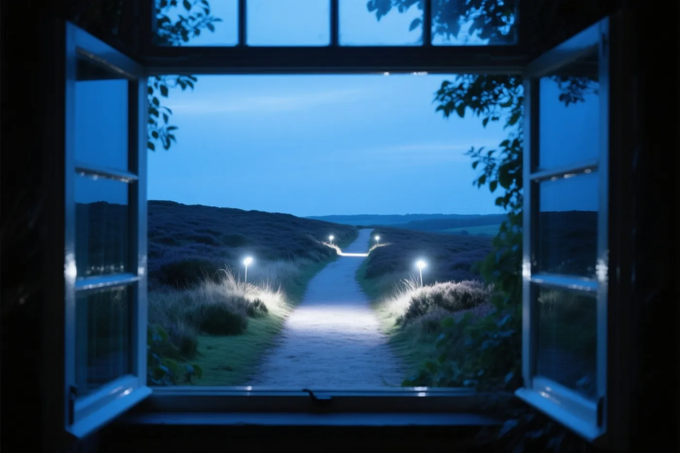 Door een open raam is een slingerend pad met straatverlichting door een heidelandschap te zien in de blauwe schemering.