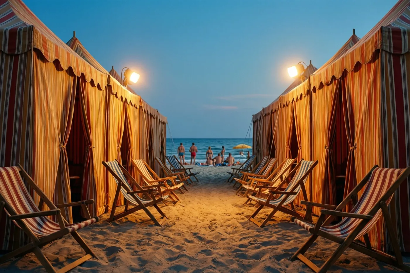 Een symmetrisch zandpad tussen gestreepte omkleedtenten en houten ligstoelen leidt naar badgasten bij de zee, met goudkleurig lamplicht onder een blauwe schemerhemel.