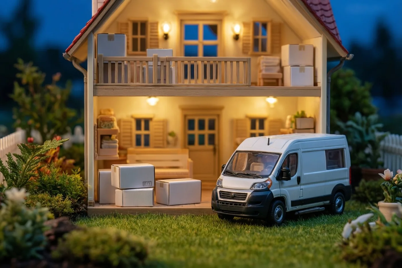 Een miniatuurpoppenhuis met warme binnenverlichting staat in de schemering bij een wit verhuisbusje en kleine verhuisdozen in de voortuin.