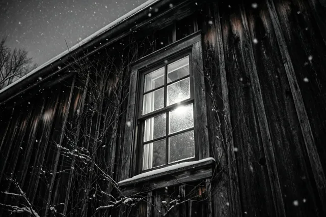 Een monochroom beeld toont één verlicht raam in een donkere houten hoevewand tijdens een winternacht met vallende sneeuw.