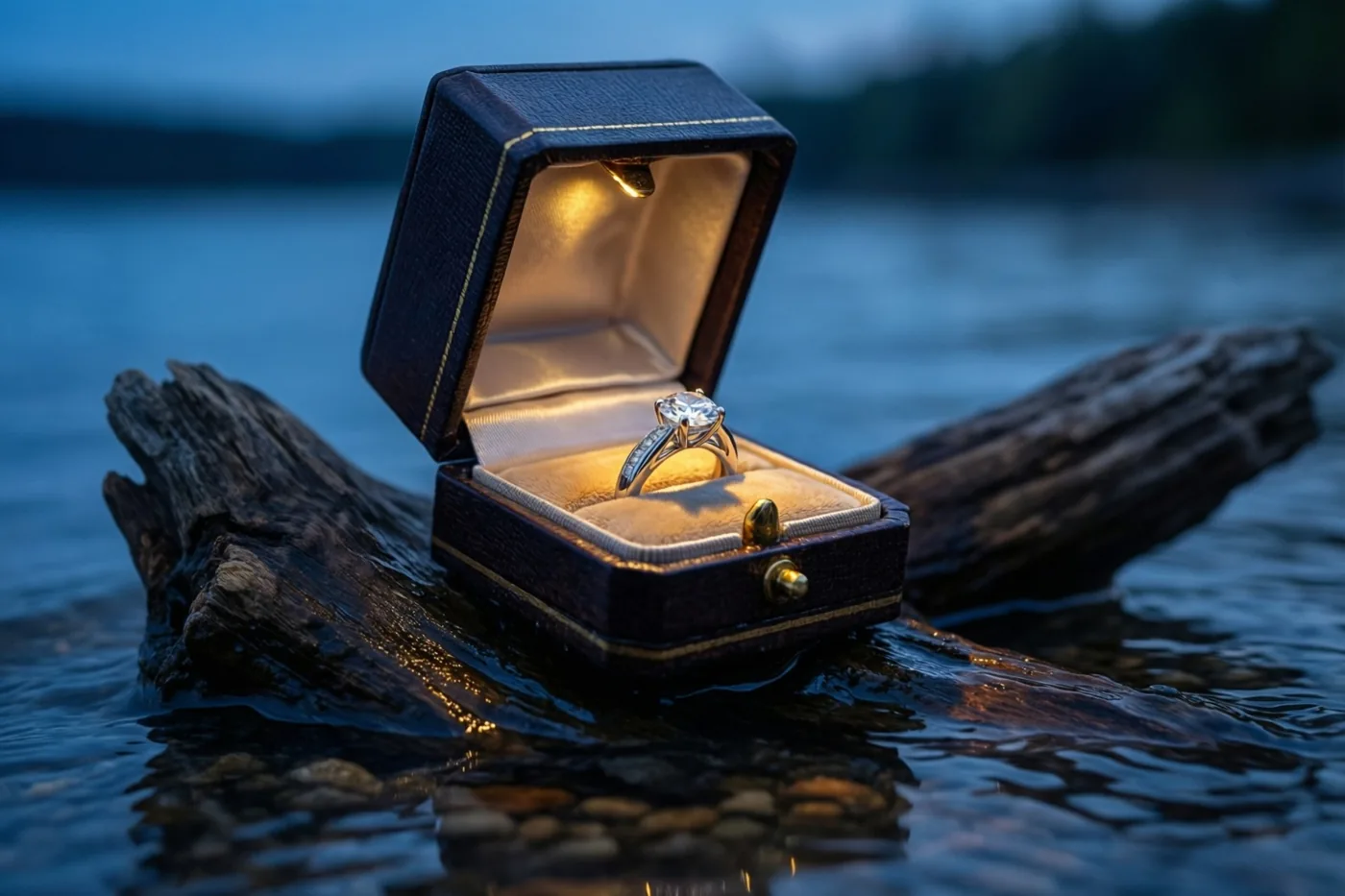Een open zwart ringdoosje met een ring met één diamant rust op drijfhout aan de waterlijn in blauwe schemertinten, met warm goudkleurig licht vanuit het doosje.